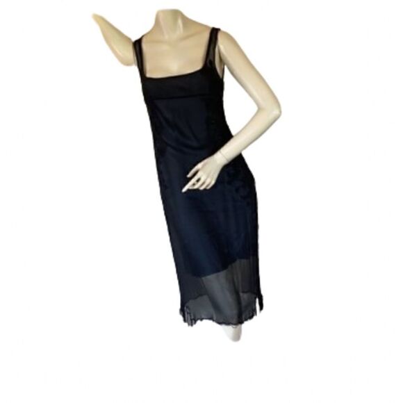 TAHARI Dress sheer sleeveless beaded silk black with grey slip two piece size 2 - Picture 2 of 16